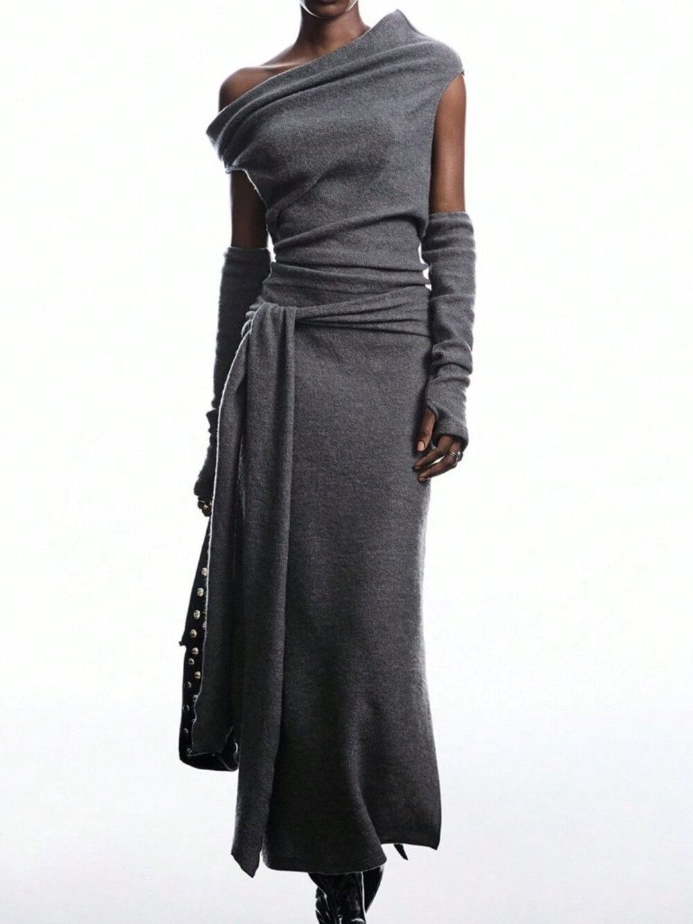 Dark Grey Elegant Women's Asymmetric Slit Maxi Dress